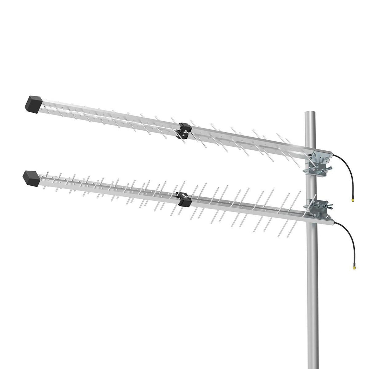 Nedis Rettet 5G Mimo 15 dBi antenner med flere elementer, parallelmonteret på lodret mast, sorte koaksialkabler.