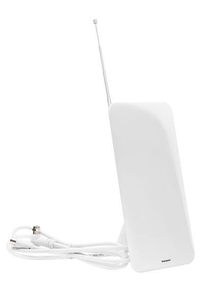 Luxorparts Aktiv indendørsantenne til TV i hvid med teleskopisk stang, solid fod og oprullet hvidt coaxialkabel.