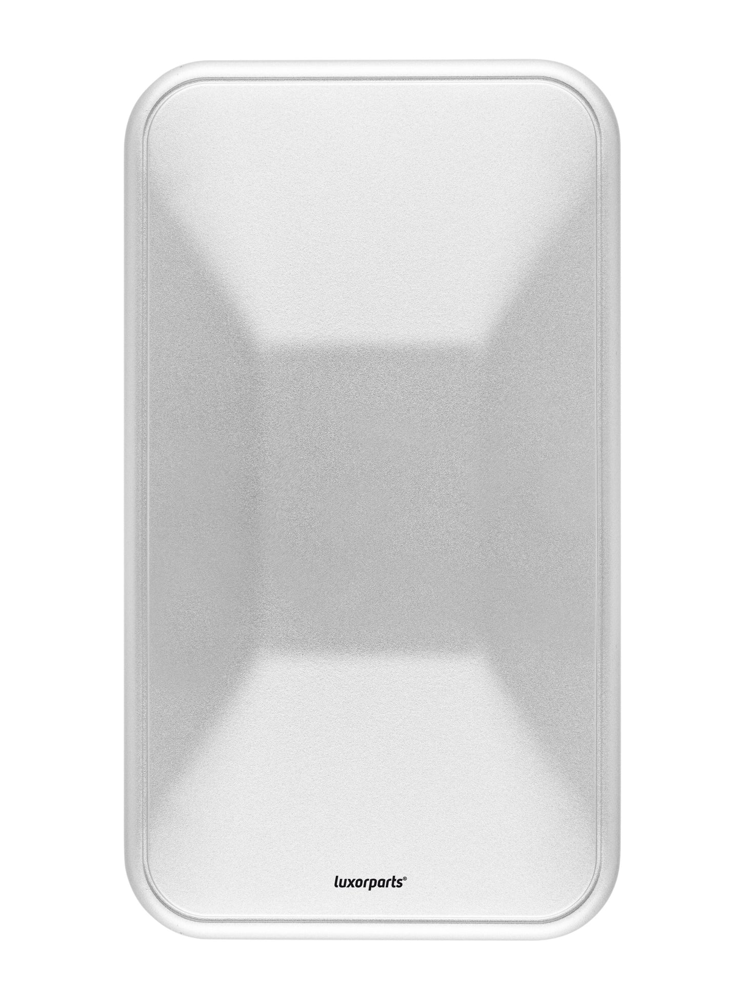 Luxorparts rektangulære metalbakke med afrundede hjørner, hævede kanter og mat, reflekterende overflade med logo.