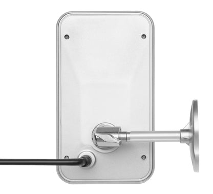 Luxorparts Aktiv udendørsantenne sølv, rektangulær, bagfra med DVB-T/T2 stik, sort kabel og justerbar arm til højre.