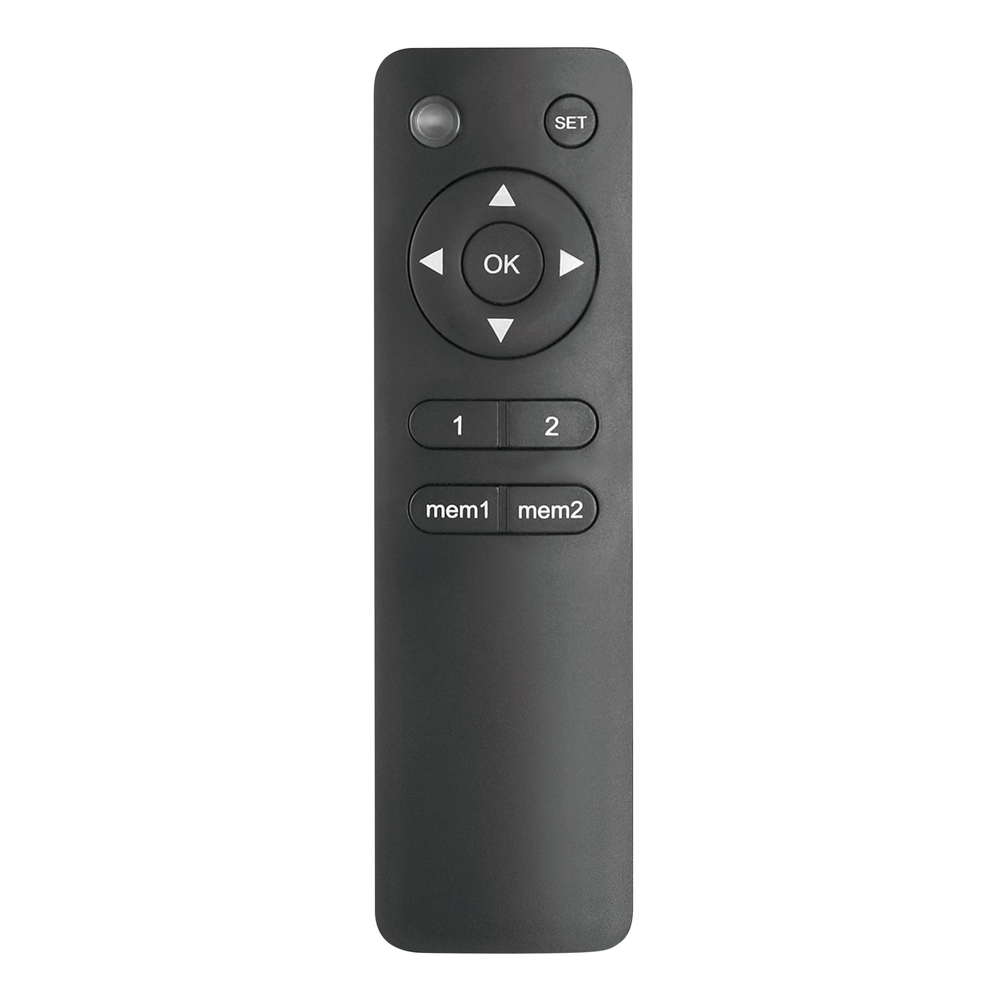 Nikabe sorterer fjernbetjening til motoriseret TV vægbeslag 32-75", pile, OK, SET, 1, 2, mem1 og mem2 knapper.