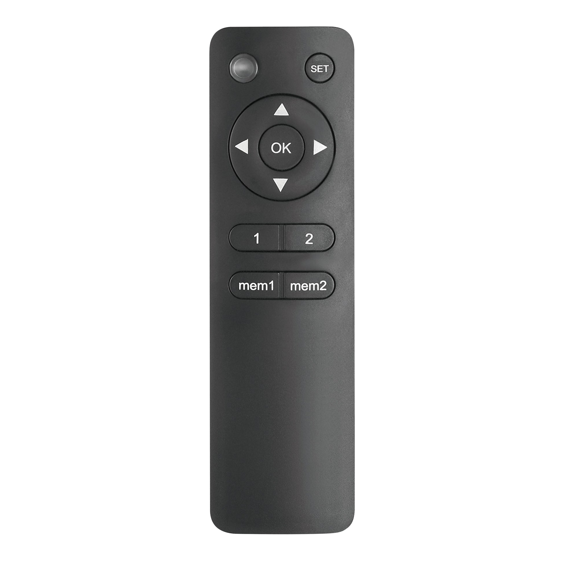 Nikabe sorterer fjernbetjening til motoriseret TV vægbeslag 32-75", pile, OK, SET, 1, 2, mem1 og mem2 knapper.
