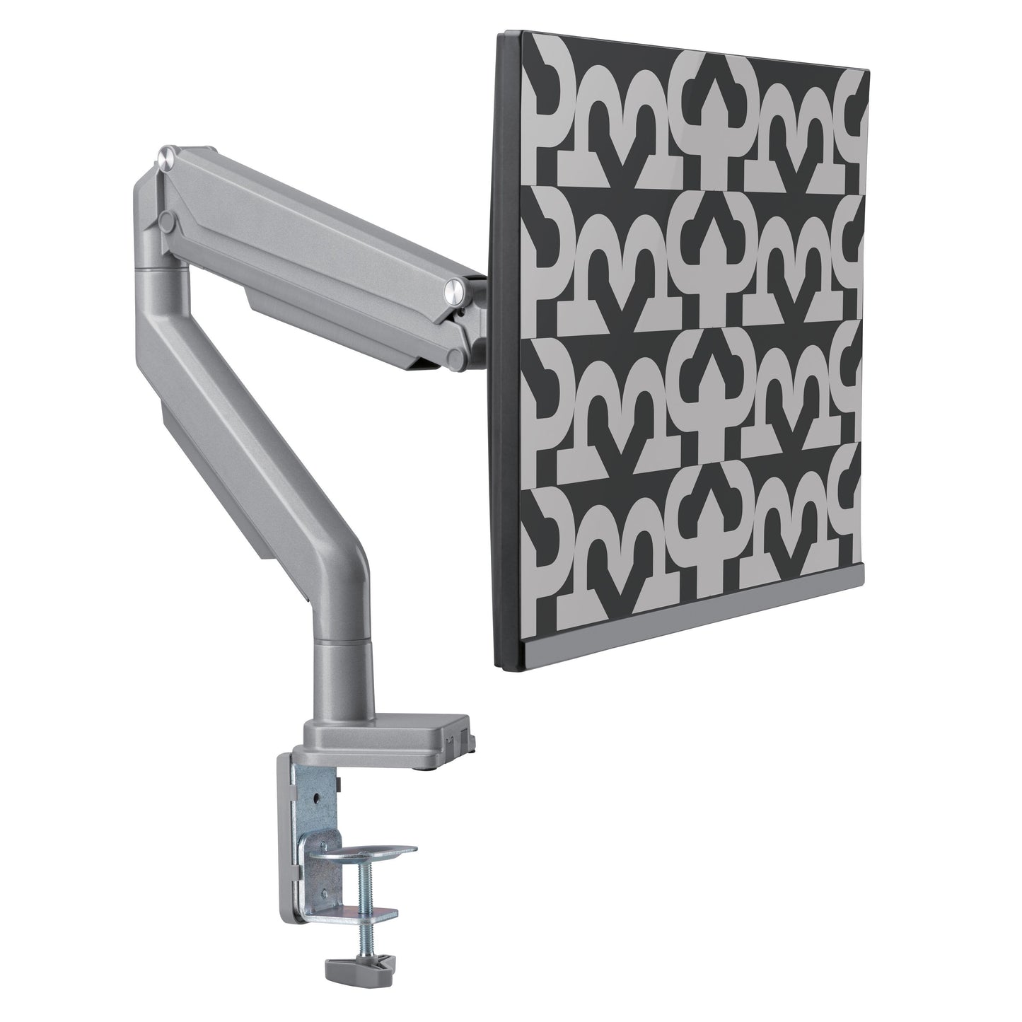 Gasdæmpet skærmholder 17-32" 1 arm, VESA kompatibel, monteret på bord med fladskærm der viser sorte og grå mønstre.