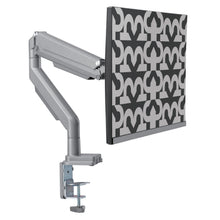 Gasdæmpet skærmholder 17-32" 1 arm, VESA kompatibel, monteret på bord med fladskærm der viser sorte og grå mønstre.
