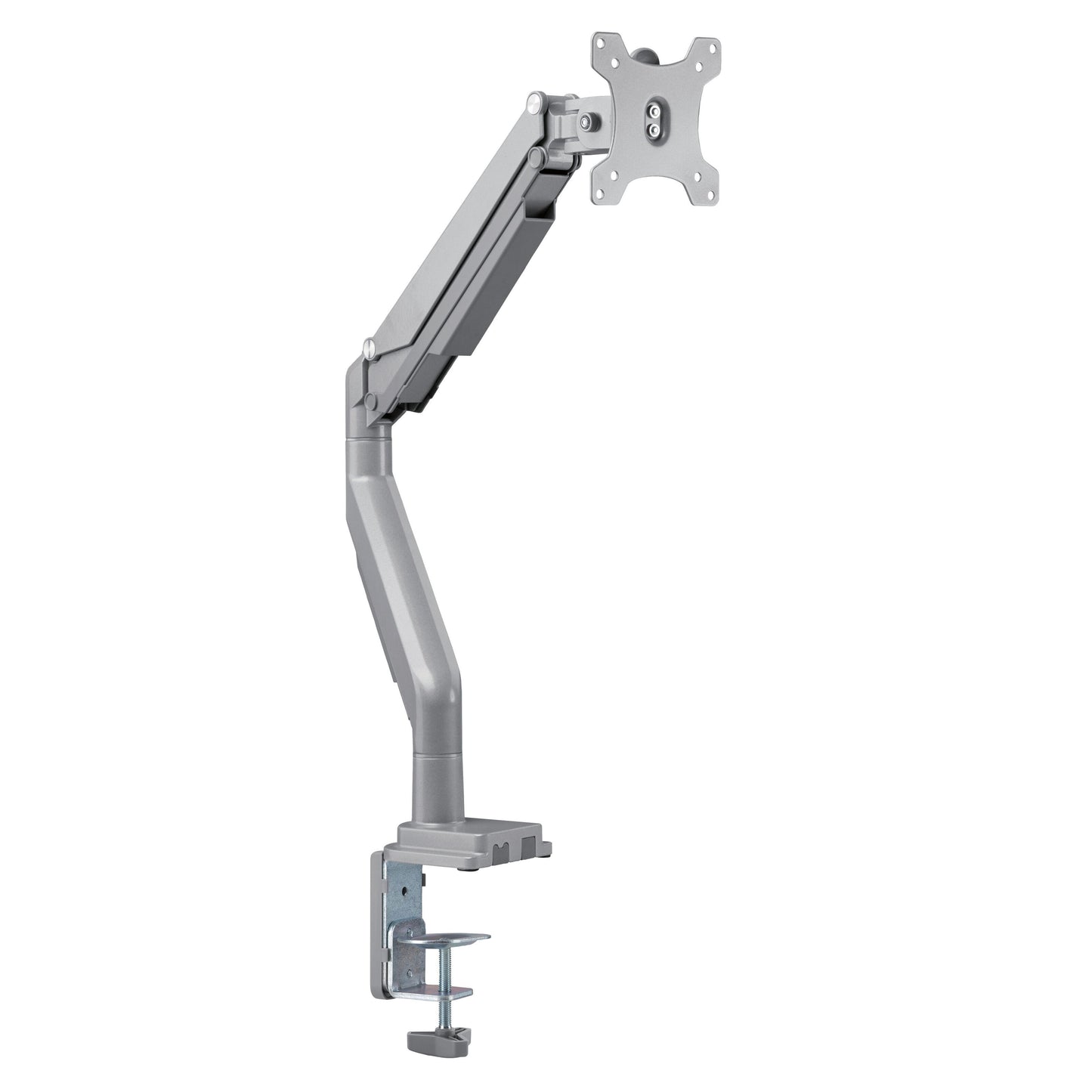 Gasdæmpet skærmholder 17-32" med 1 arm, justerbare led, VESA-kompatibelt beslag og sort klembase.