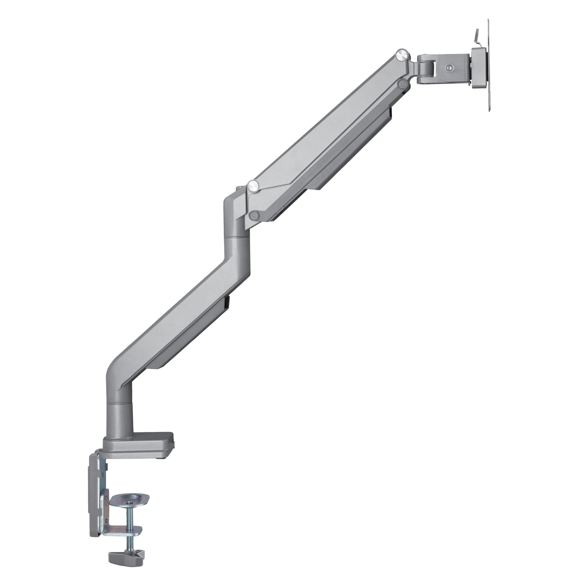 Gasdæmpet skærmholder 17-32" med 1 arm, grå, justerbar gasfjederarm, bordkantsmontering og VESA-led.