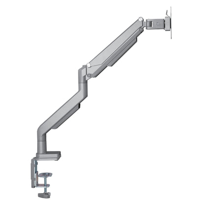 Gasdæmpet skærmholder 17-32" med 1 arm, grå, justerbar gasfjederarm, bordkantsmontering og VESA-led.