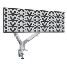 Plexgear Gasfjeder skærmholder 17-32" 2 arme justerbar, sølv, med to sorte og hvide skærme monteret side om side.