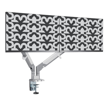 Plexgear Gasfjeder skærmholder 17-32" 2 arme justerbar, sølv, med to sorte og hvide skærme monteret side om side.