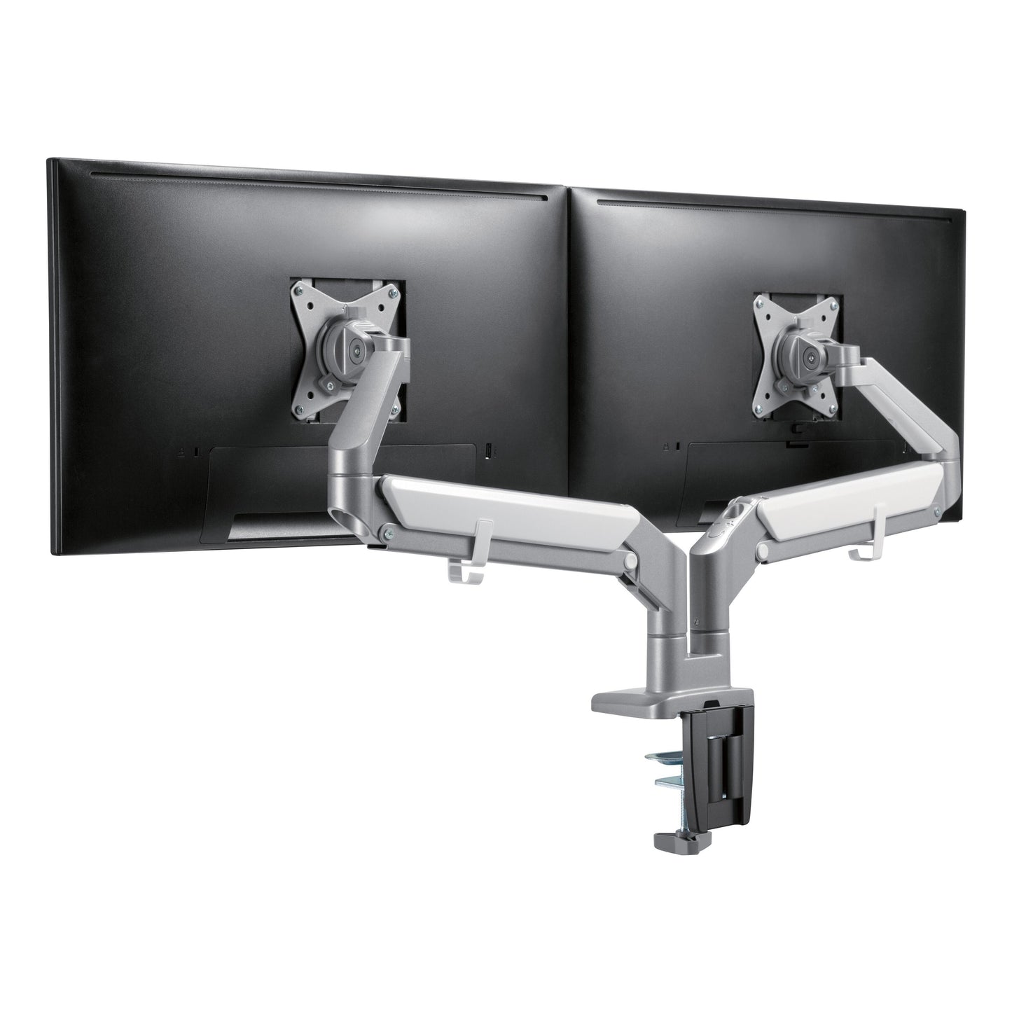 Plexgear Gasfjeder skærmholder 17-32" til 2 skærme, side om side, gasfjederarme, bordklemme.