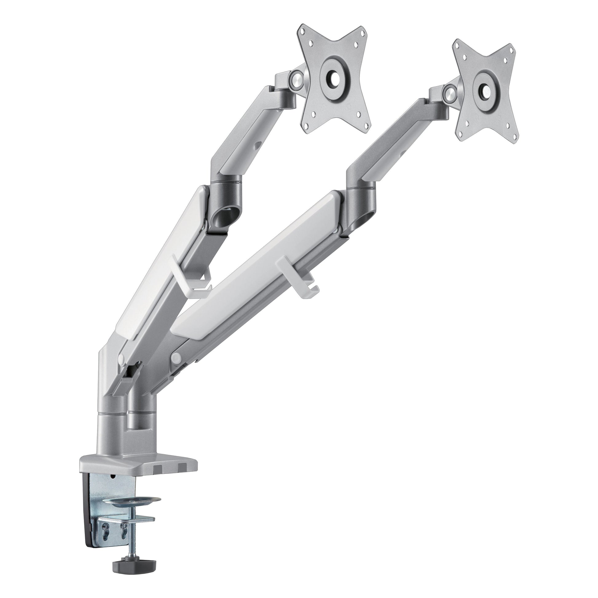 Plexgear Gasfjeder skærmholder 17-32" 2 arme sølv med justerbare led og gasfjeder til montering af to skærme på bord.
