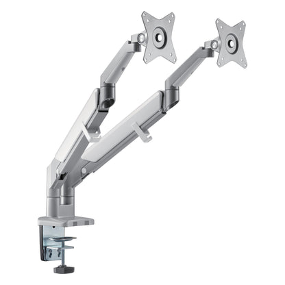 Plexgear Gasfjeder skærmholder 17-32" 2 arme sølv med justerbare led og gasfjeder til montering af to skærme på bord.