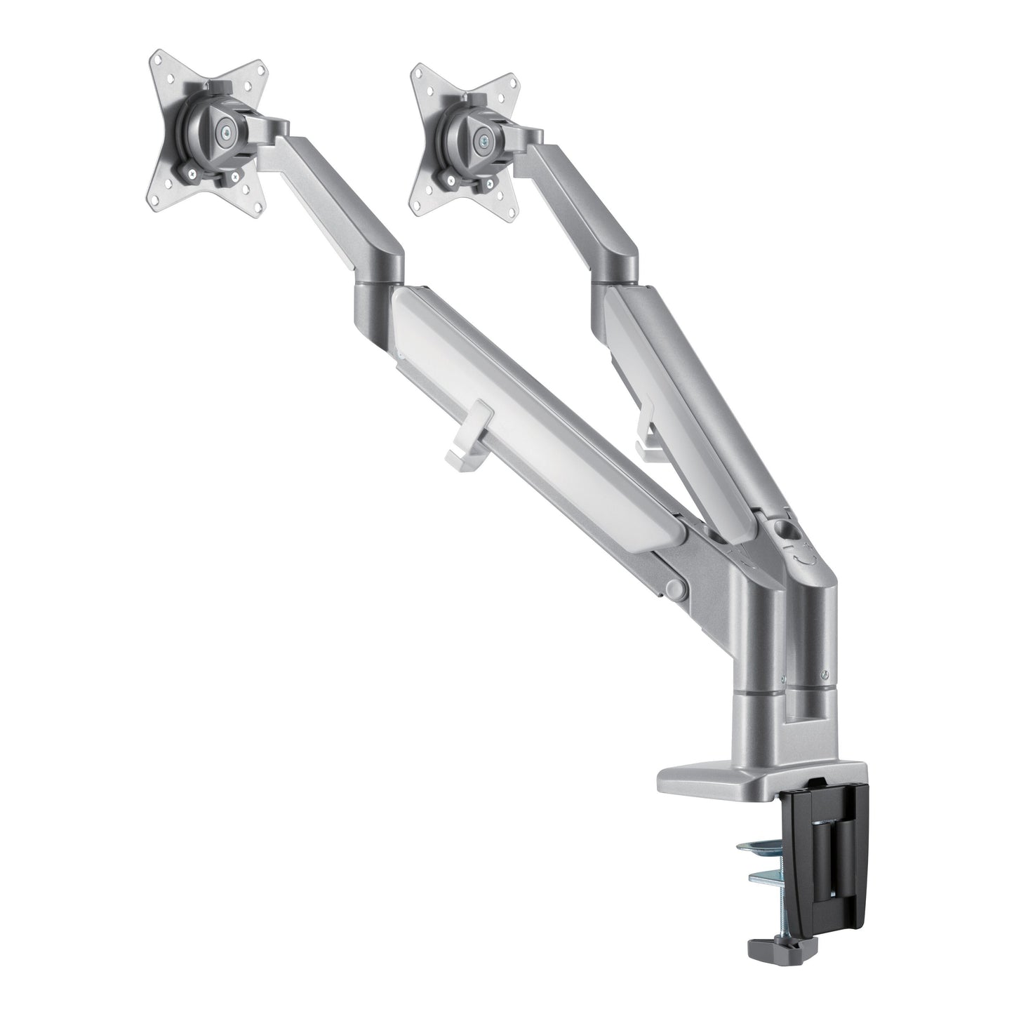 Plexgear gasfjeder skærmholder 17-32" med to justerbare arme og klemmebase til montering på skrivebord.
