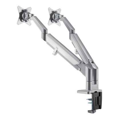Plexgear gasfjeder skærmholder 17-32" med to justerbare arme og klemmebase til montering på skrivebord.