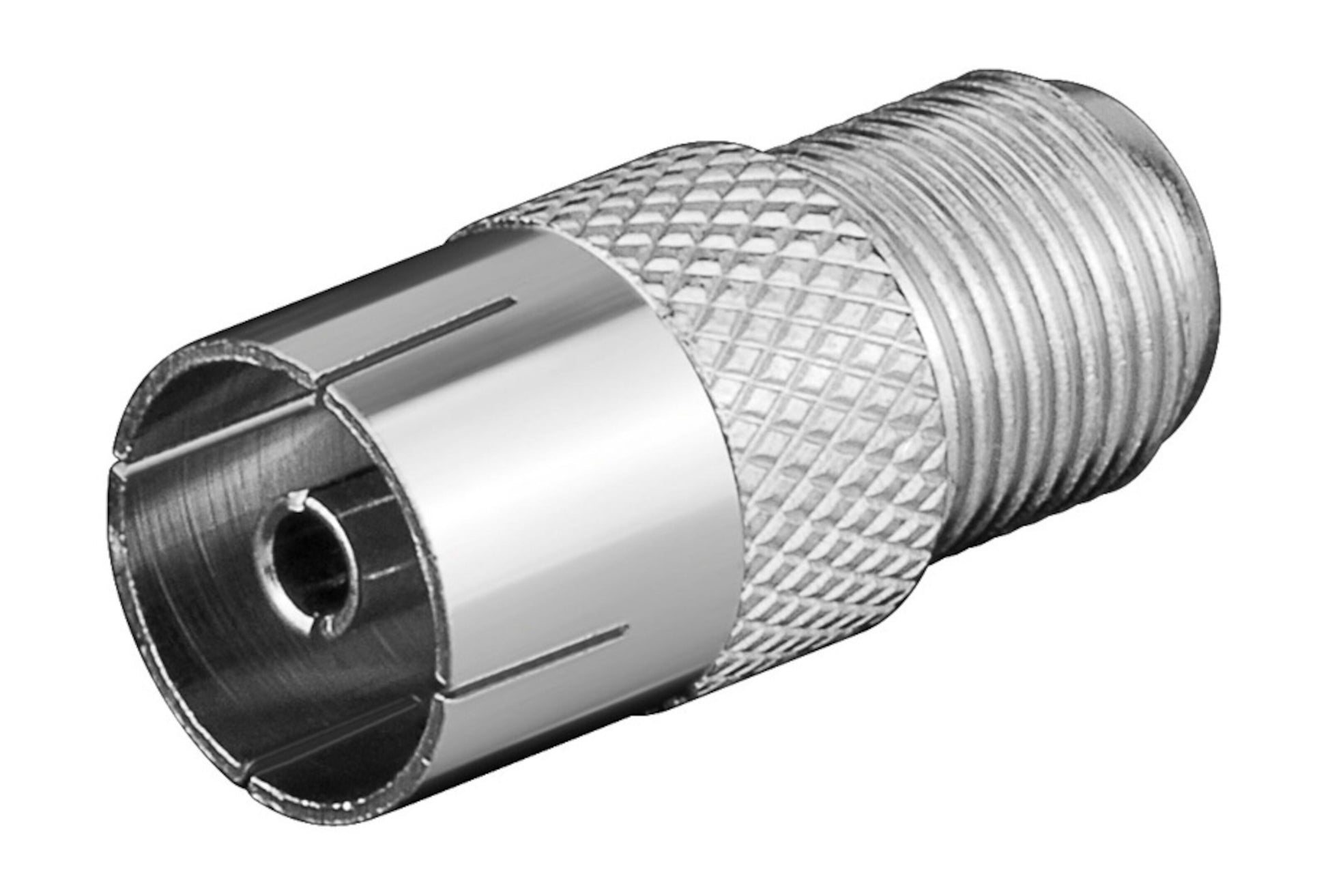 Adapter fra hun til antenne hun med riflet greb, gevindet han-ende, cylindrisk hun-ende og HF-tæt skærmning.