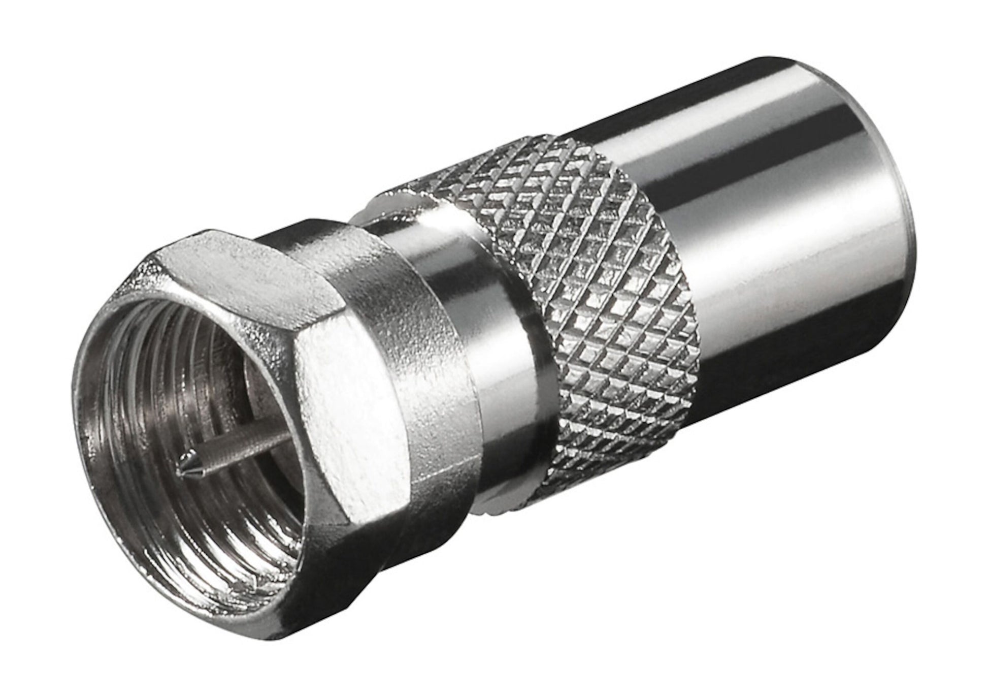Adapter F-hun til antennehan, sølv finish, sekskantmøtrik, rillet greb, HF-tæt design og synlig centerpin.