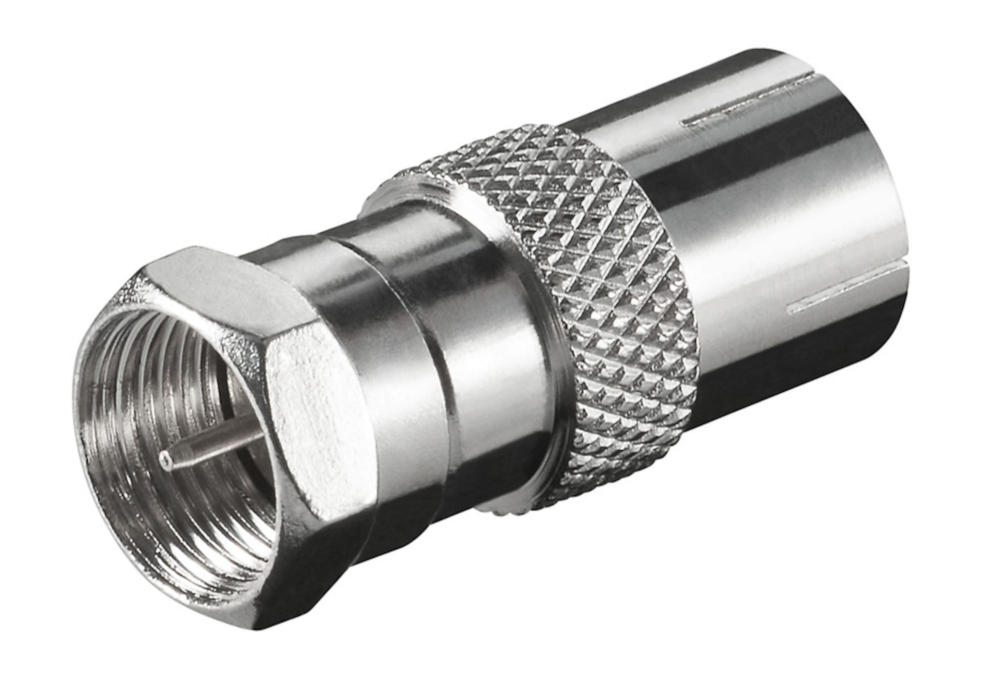 Adapter F-hun til antennehun med sekskantet ende og rillet greb.
