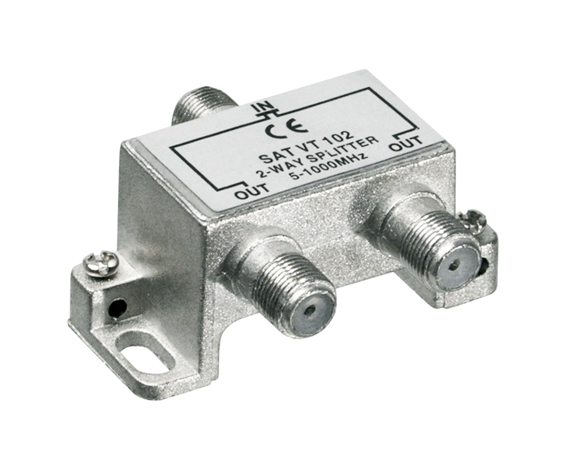 F-splitter 2-vejs metalantennesplitter med tre koaksialstik (IN/OUT), monteringsbeslag, frekvens 5-1000 MHz.