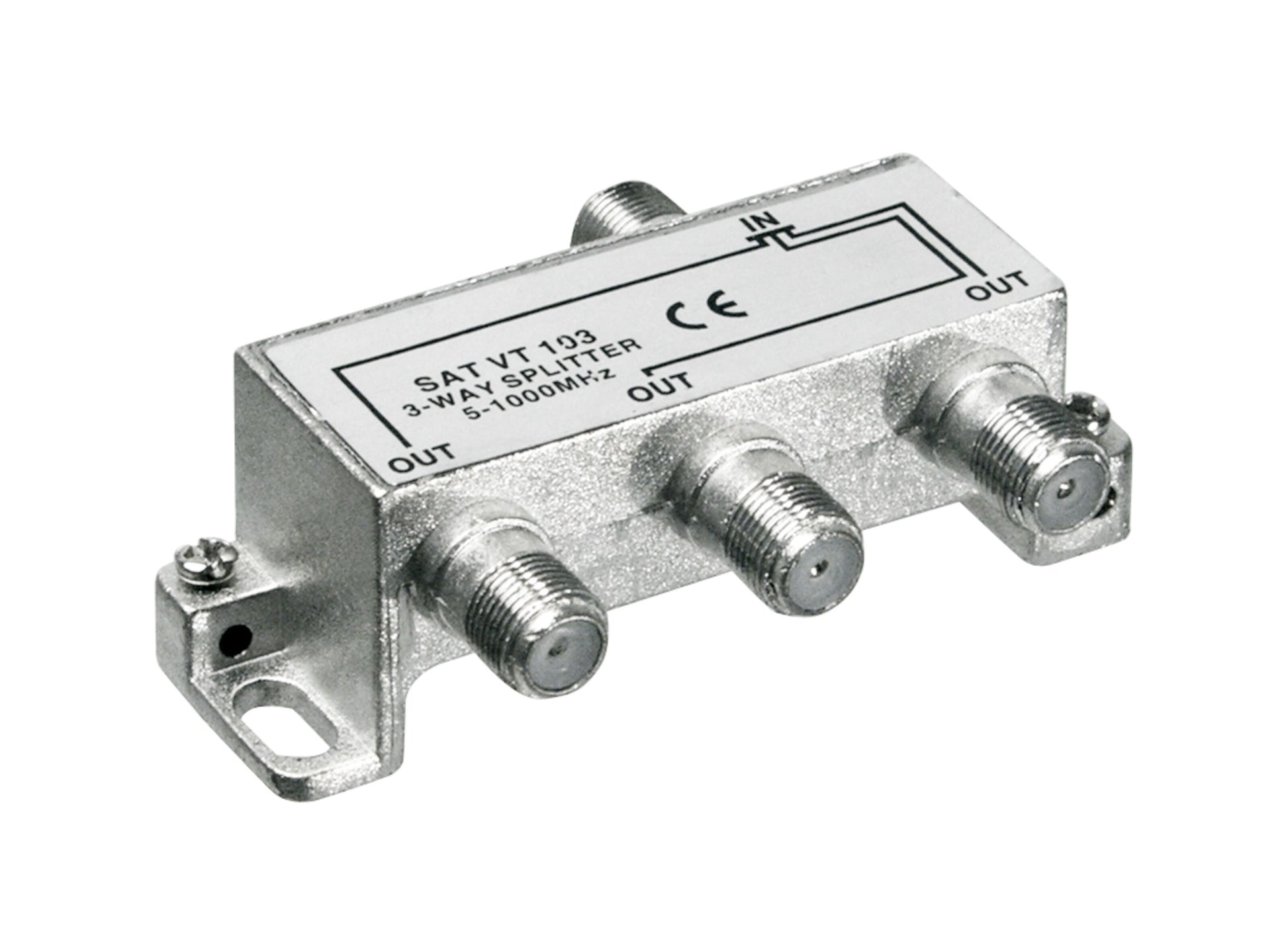 F-splitter 3-vejs med metalhus, 1x IN og 3x OUT porte til kabel-tv eller antennesignal-fordeling.