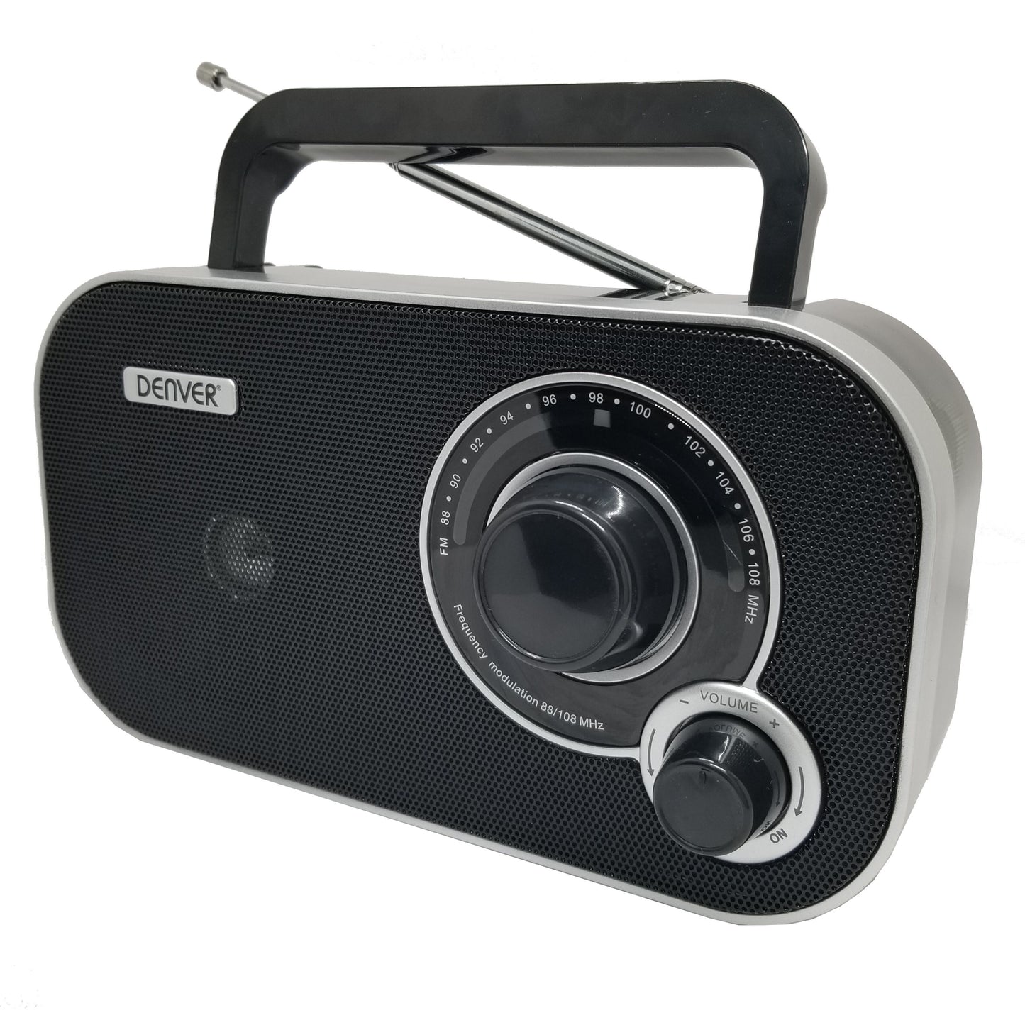 Denver FM-radio sort og sølv, kompakt model med stort analogt tuninghjul, volumenkontrol, højttalergitter, håndtag, antenne.