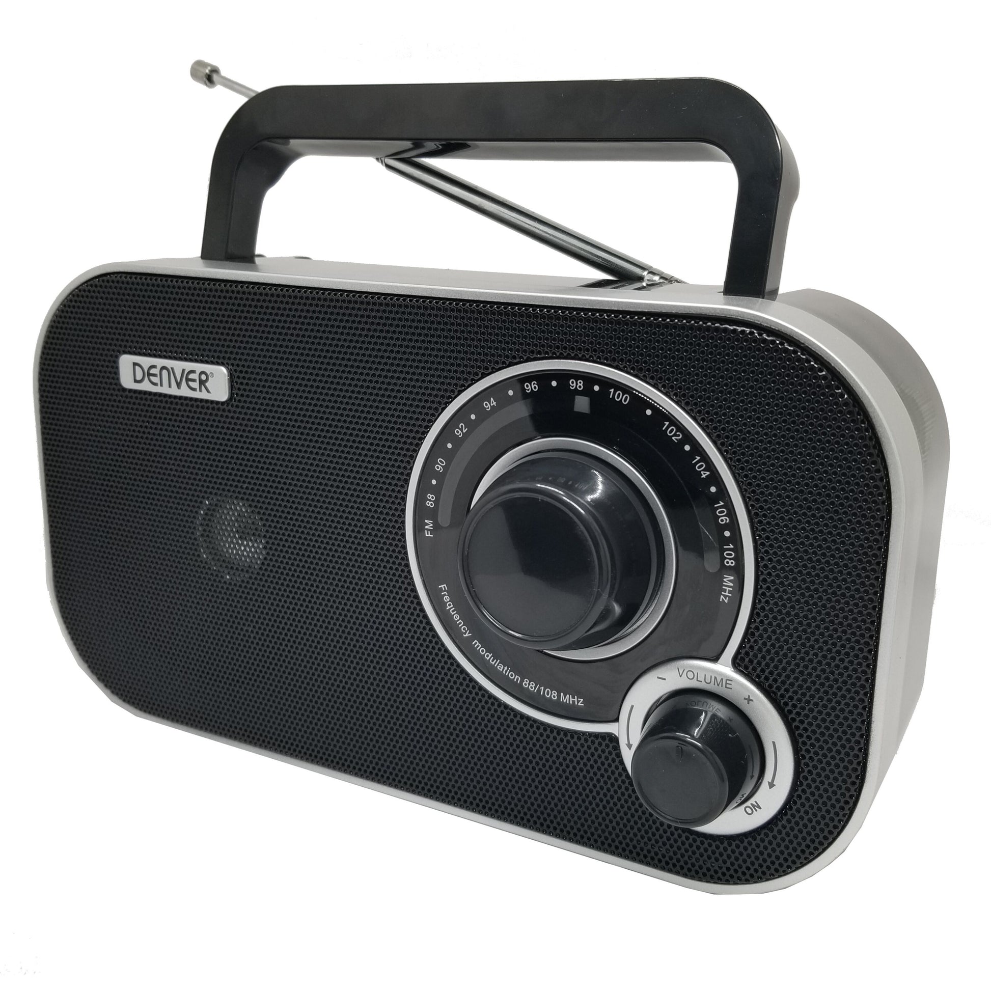 Denver FM-radio sort og sølv, kompakt model med stort analogt tuninghjul, volumenkontrol, højttalergitter, håndtag, antenne.