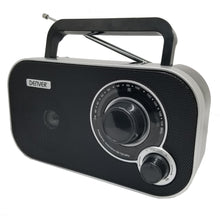 Denver FM-radio sort og sølv, kompakt model med stort analogt tuninghjul, volumenkontrol, højttalergitter, håndtag, antenne.