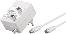 Luxorparts antenneforstærker 30 dB, hvid, 2 topmonterede coax-udgange, europæisk stik, inkl. hvid coaxialkabel med metalstik.