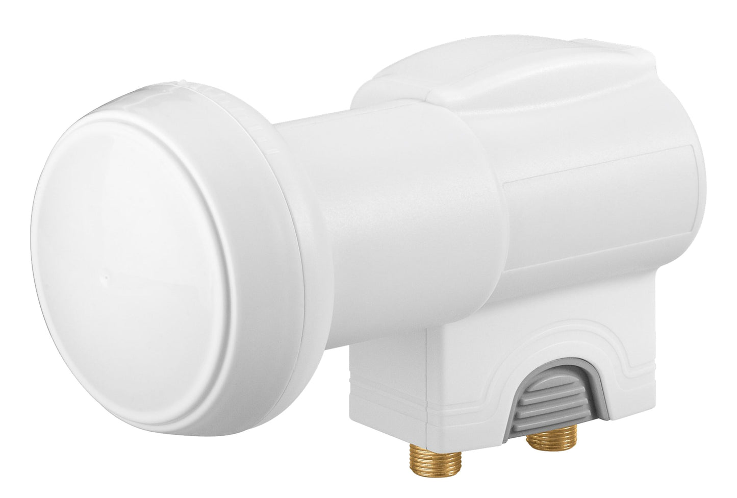 Universal Twin LNB, hvid med cylindrisk front, rektangulær krop og to guldfarvede coax-stik i bunden.