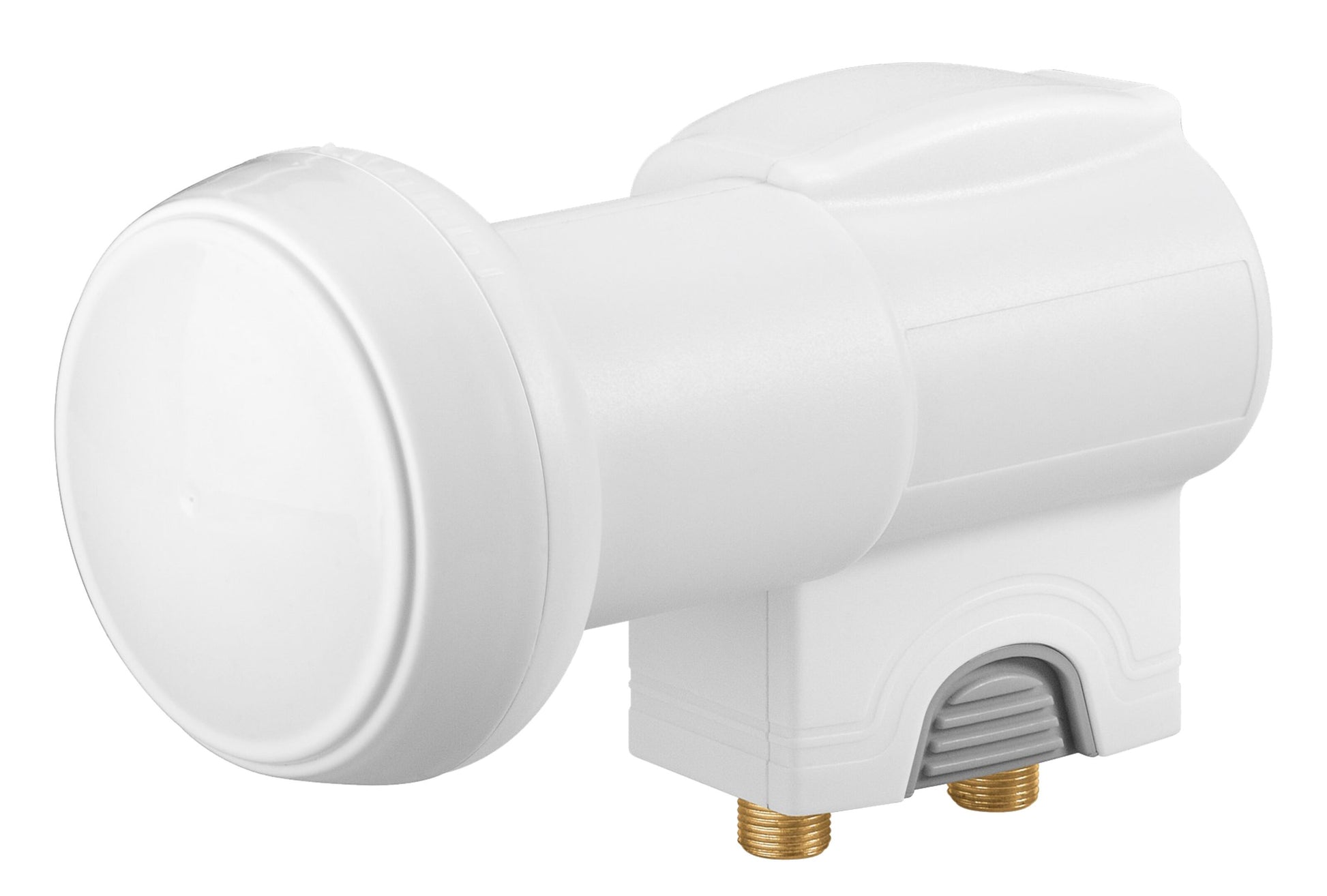 Universal Twin LNB, hvid med cylindrisk front, rektangulær krop og to guldfarvede coax-stik i bunden.