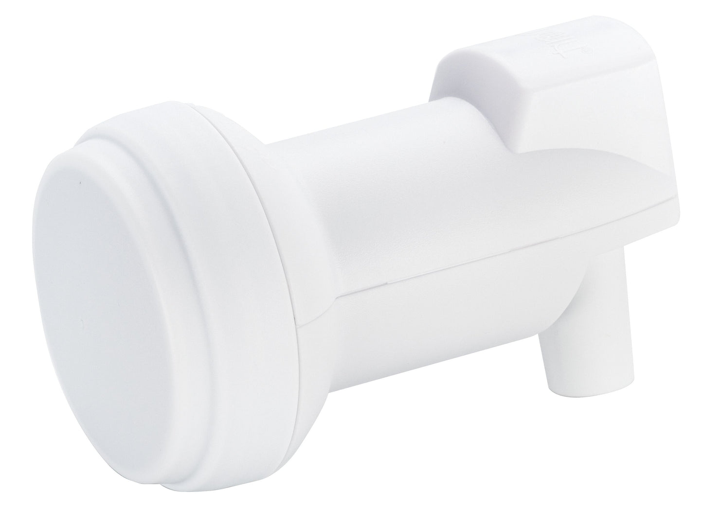 LNB Universal hvid plast vandhane med cylindrisk korpus og kort tud, ligner satellit TV installationsdel.