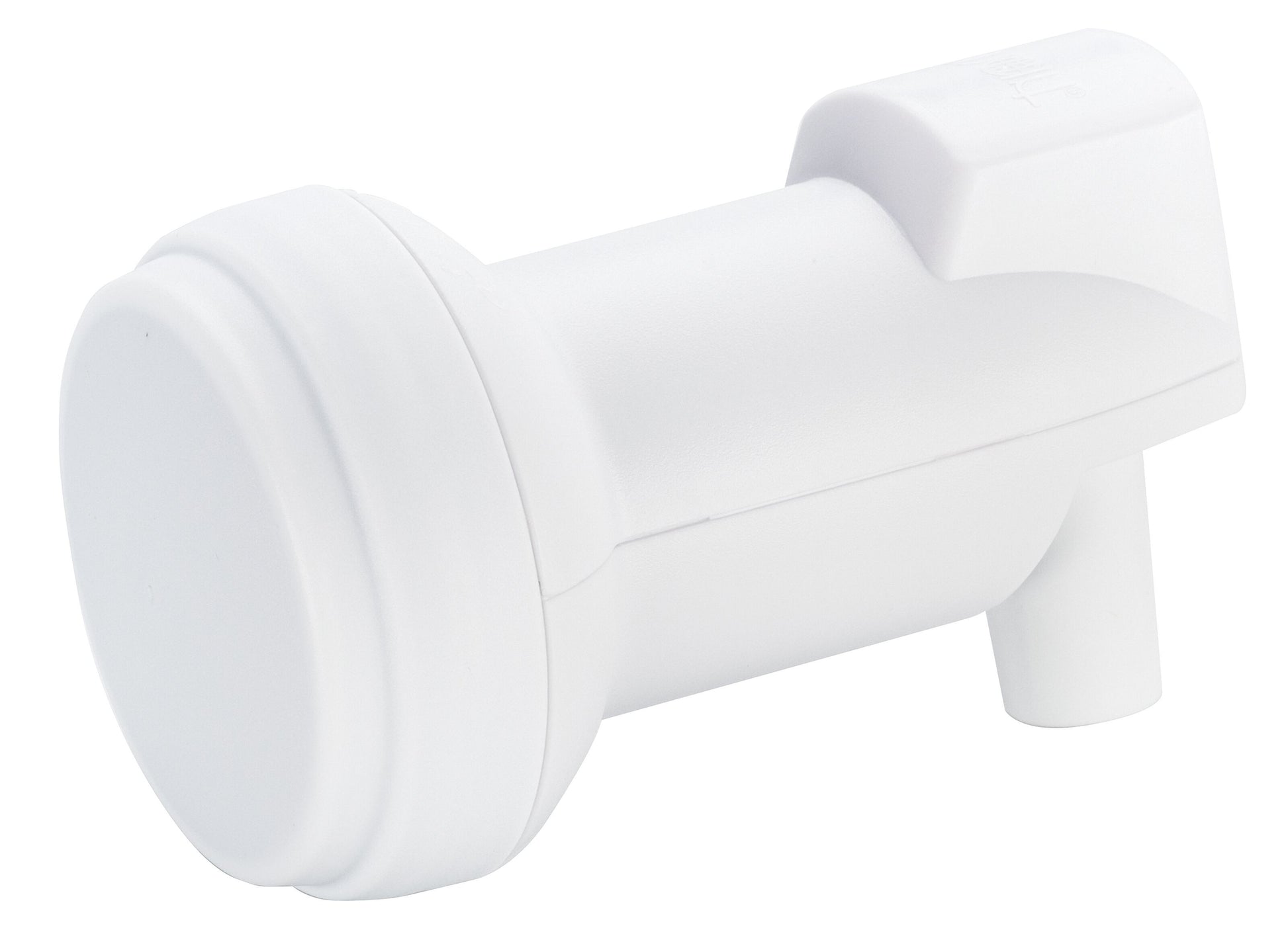 LNB Universal hvid plast vandhane med cylindrisk korpus og kort tud, ligner satellit TV installationsdel.