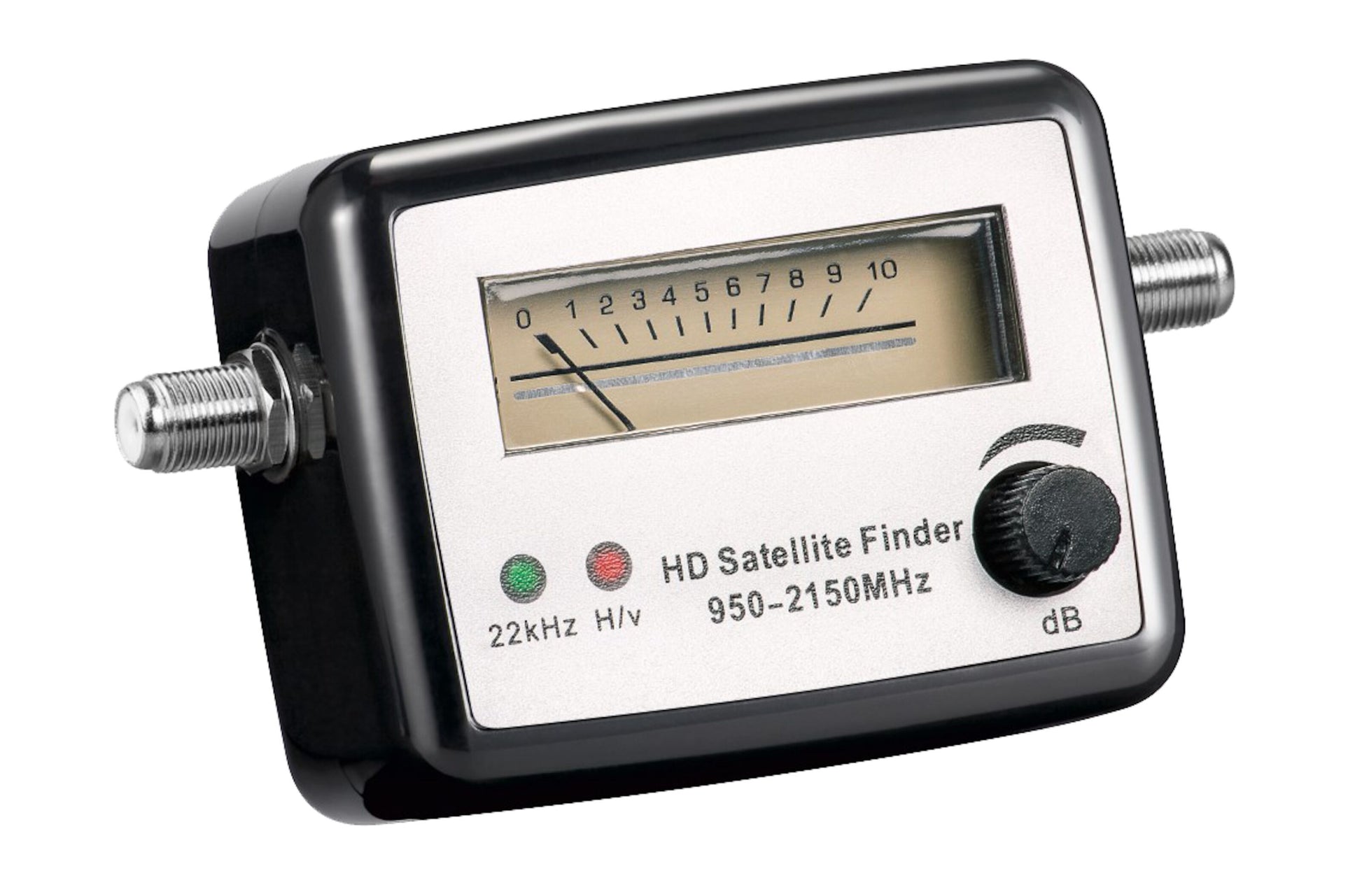 Satfinder til parabol, sort og sølv, displaymeter, to indikatorlamper, drejeknap dB, 950-2150 MHz skala for signalstyrke.
