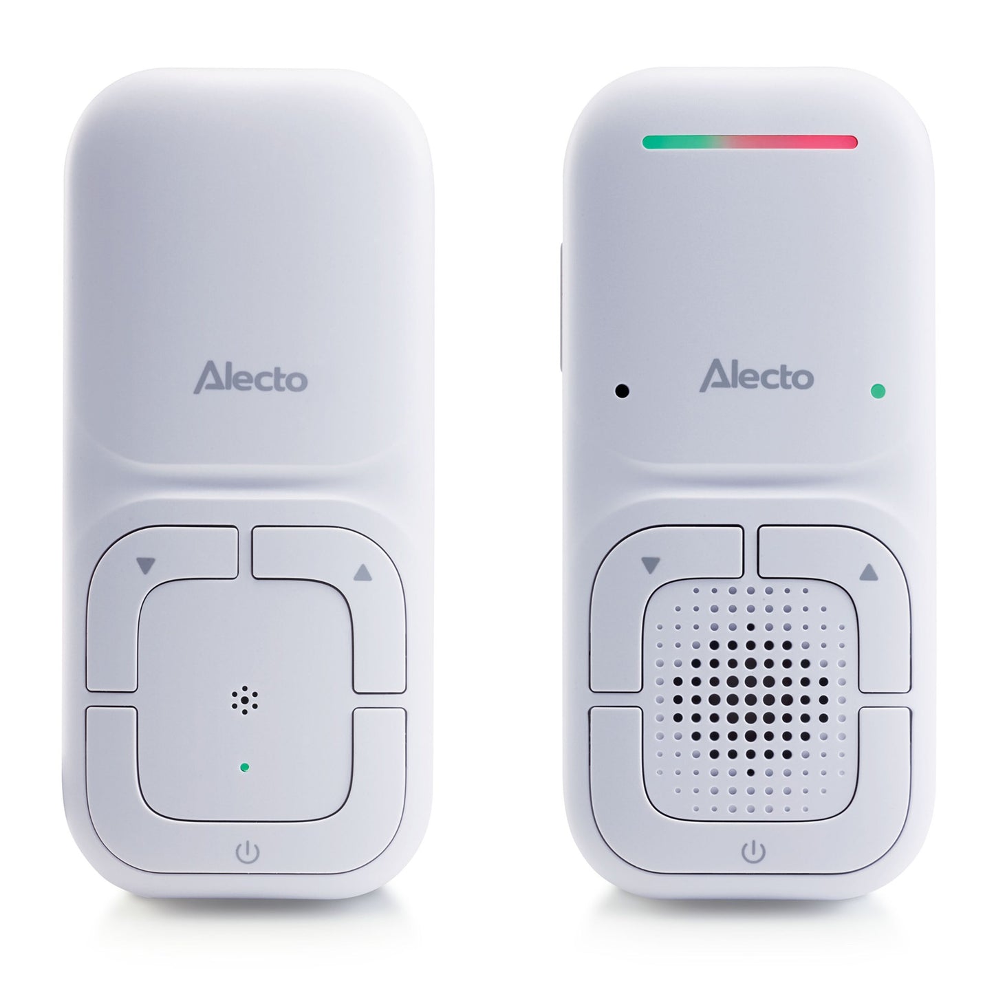 Alecto DBX130 Full Eco DECT babyalarm hvid med lydovervågning, tovejskommunikation, lysindikator, volumen, mikrofon, højtaler.
