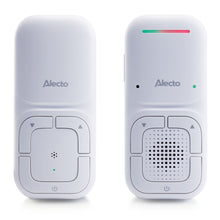 Alecto DBX130 Full Eco DECT babyalarm hvid med lydovervågning, tovejskommunikation, lysindikator, volumen, mikrofon, højtaler.