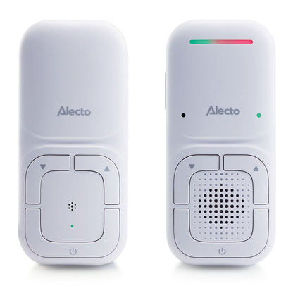 Alecto DBX130 Full Eco DECT babyalarm hvid med lydovervågning, tovejskommunikation, lysindikator, volumen, mikrofon, højtaler.