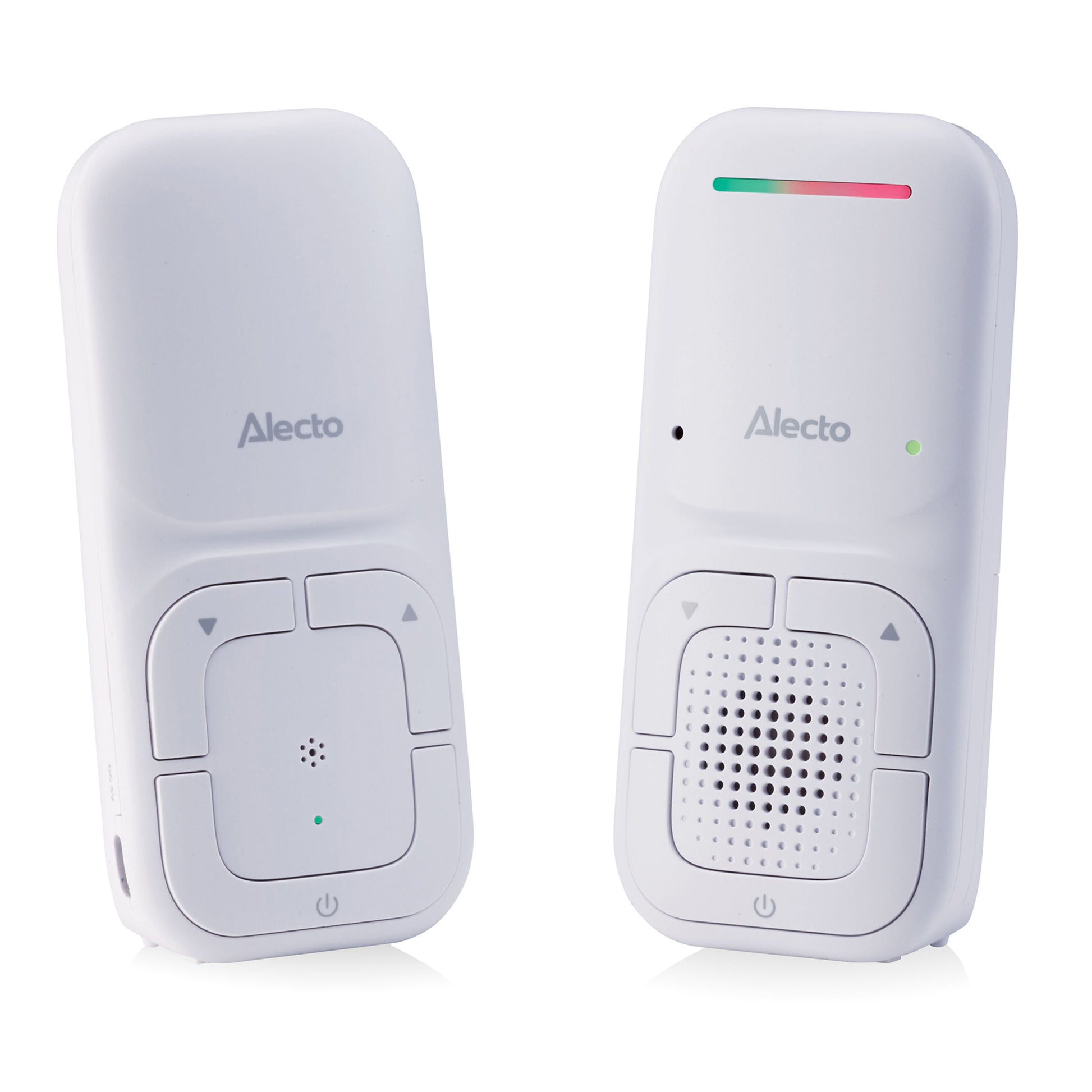 Alecto DBX130 Full Eco DECT babyalarm hvid, én med kontrolknapper og højttaler, én med gitter, statuslys og tænd/sluk.