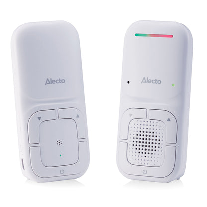 Alecto DBX130 Full Eco DECT babyalarm hvid, én med kontrolknapper og højttaler, én med gitter, statuslys og tænd/sluk.