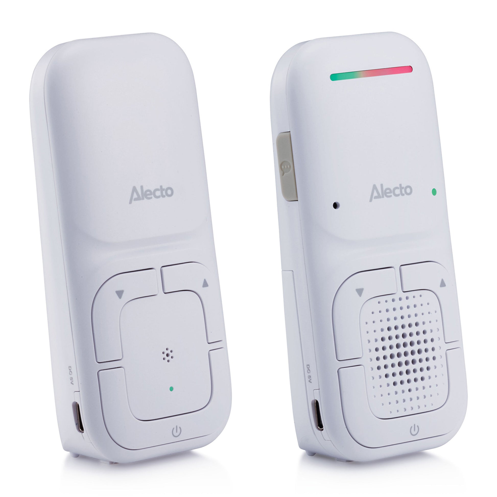 Alecto DBX130 Full Eco DECT-babyalarm, hvid, til enheder ved siden af hinanden, højre har gradient LED og tovejskommunikation.