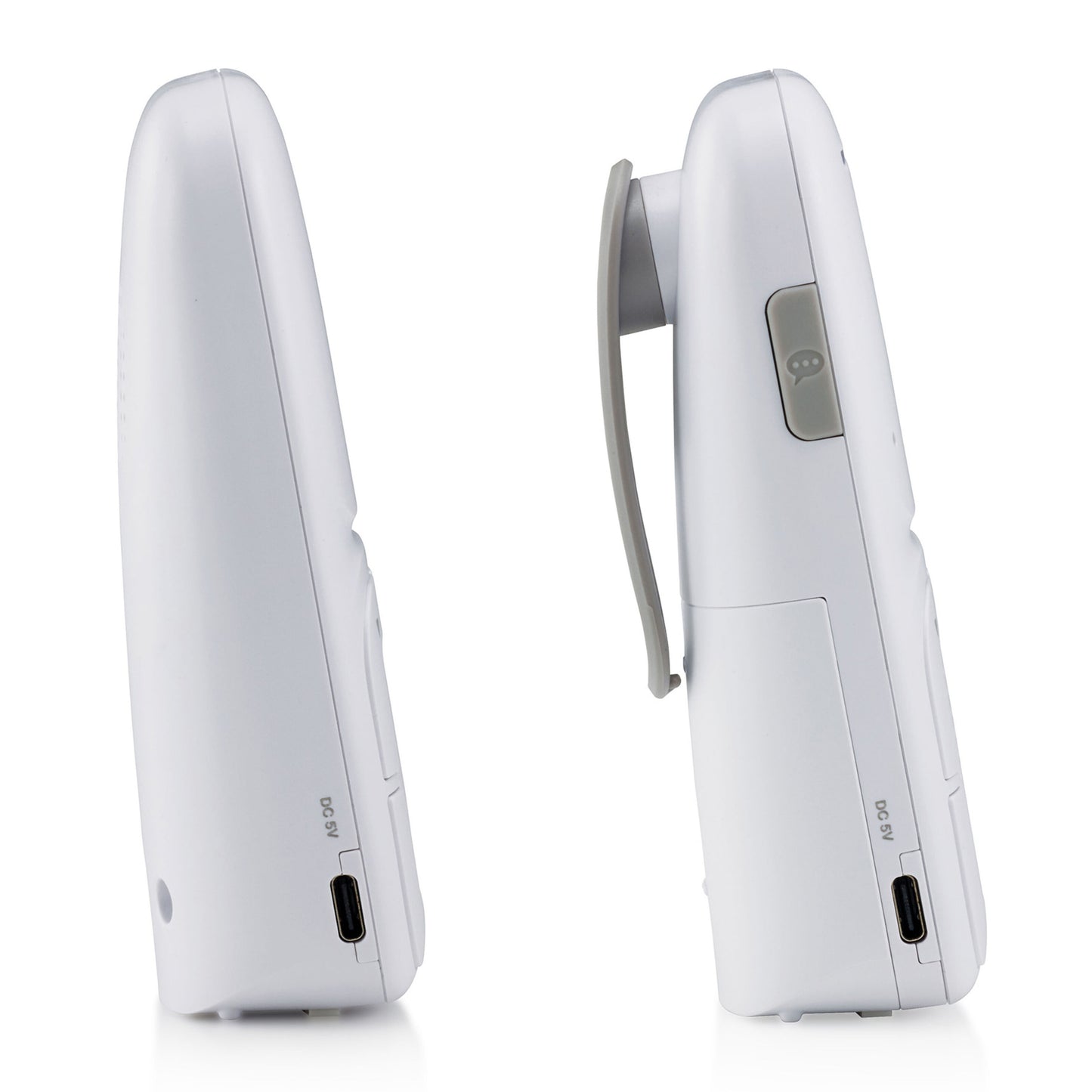 Alecto DBX130 Full Eco DECT-babyalarm hvid, sidevist med foldbart stativ, USB-port og knap, lydovervågning, tovejskommunikation.