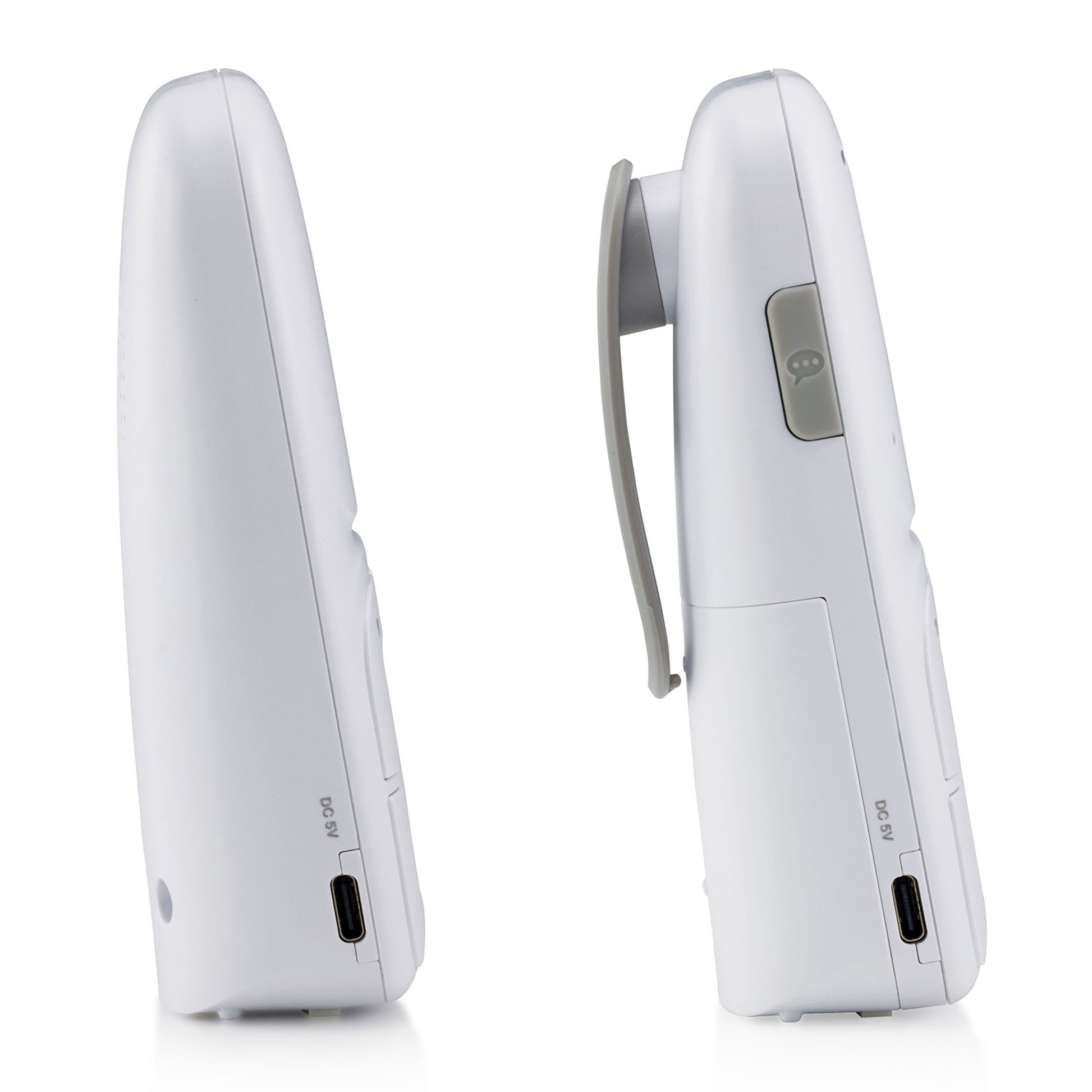 Alecto DBX130 Full Eco DECT-babyalarm hvid, sidevist med foldbart stativ, USB-port og knap, lydovervågning, tovejskommunikation.