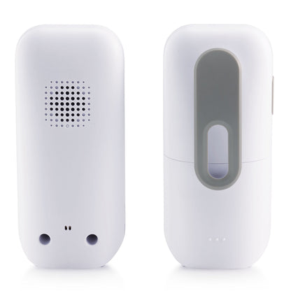 Alecto DBX130 Full Eco DECT-babyalarm, hvid, højttalergitter, gråt klip, to enheder vist forfra og bagfra.