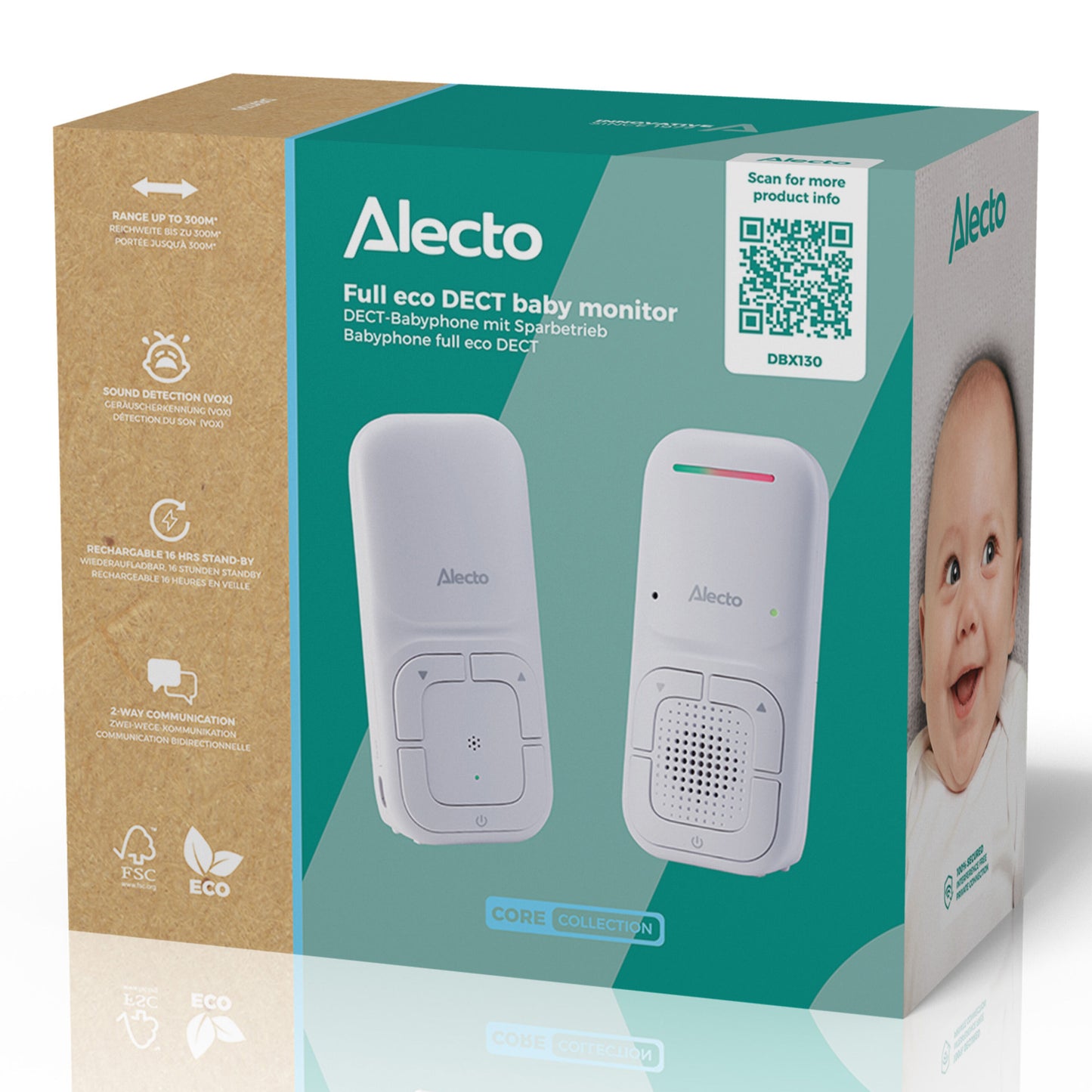 Alecto DBX130 Full Eco DECT babyalarm hvid i æske med to hvide enheder, lydovervågning, tovejskommunikation, øko-ikoner.