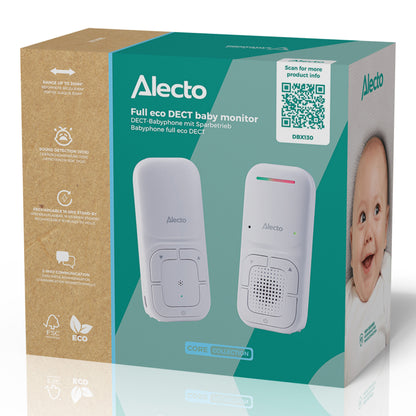 Alecto DBX130 Full Eco DECT babyalarm hvid i æske med to hvide enheder, lydovervågning, tovejskommunikation, øko-ikoner.