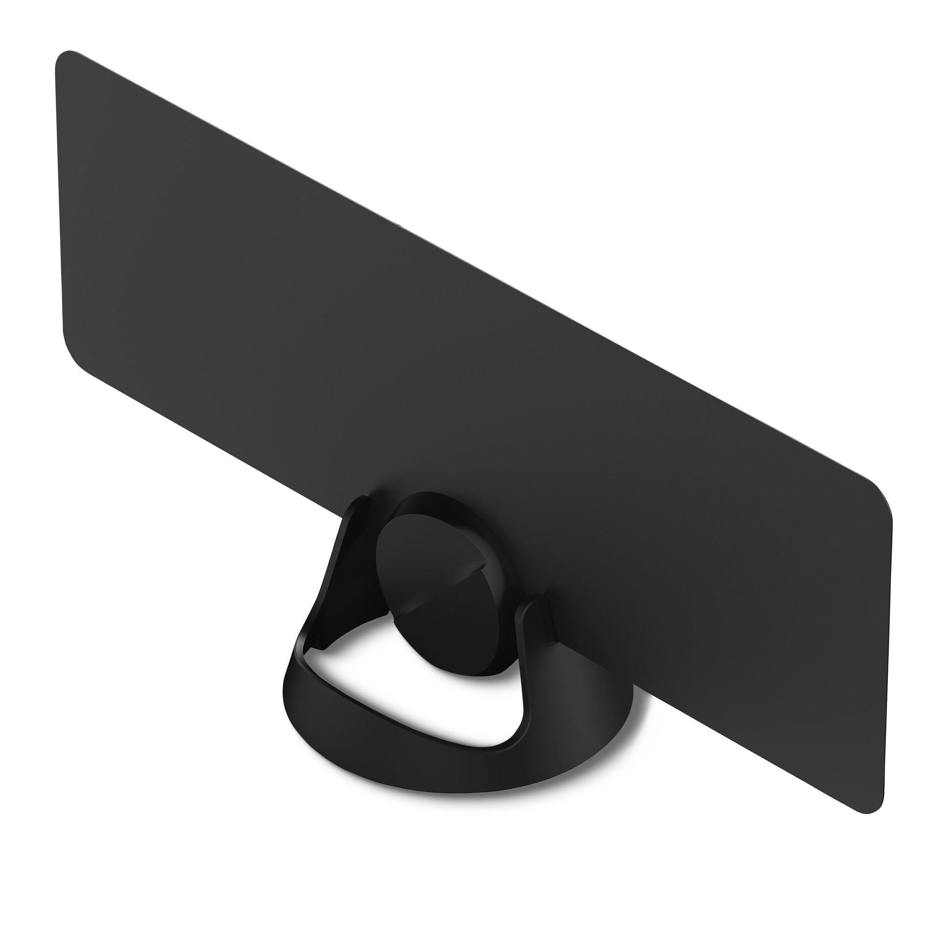 Sort fladskærmsmonitor bagfra med oval fod og rund montering, velegnet til digitalt TV-signal og UHF/VHF antennetilslutning.