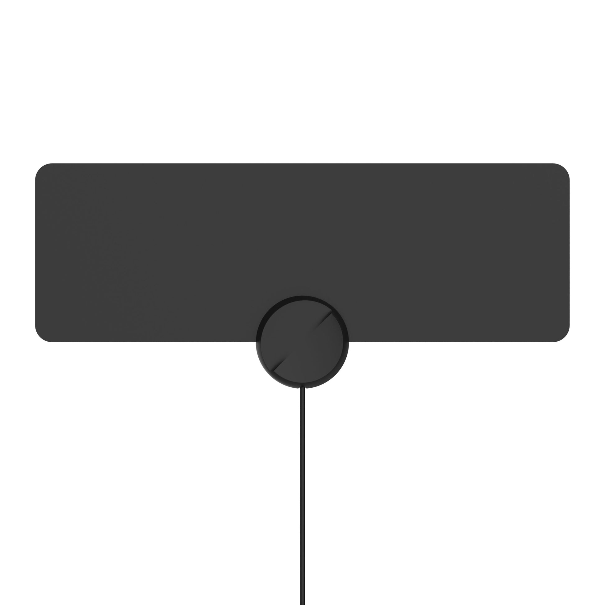 Tynd sort UHF/VHF indendørsantenne, fladt rektangulært design med afrundede hjørner og rund centersektion med kabeludgang.