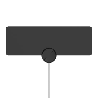 Tynd sort UHF/VHF indendørsantenne, fladt rektangulært design med afrundede hjørner og rund centersektion med kabeludgang.