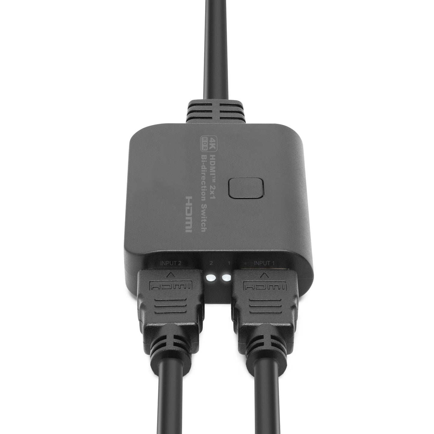 Luxorparts Kompakt 4K HDMI-switch/splitter 2-vejs sort med tre indikatorlys, knap, to HDMI-indgange og en udgang.