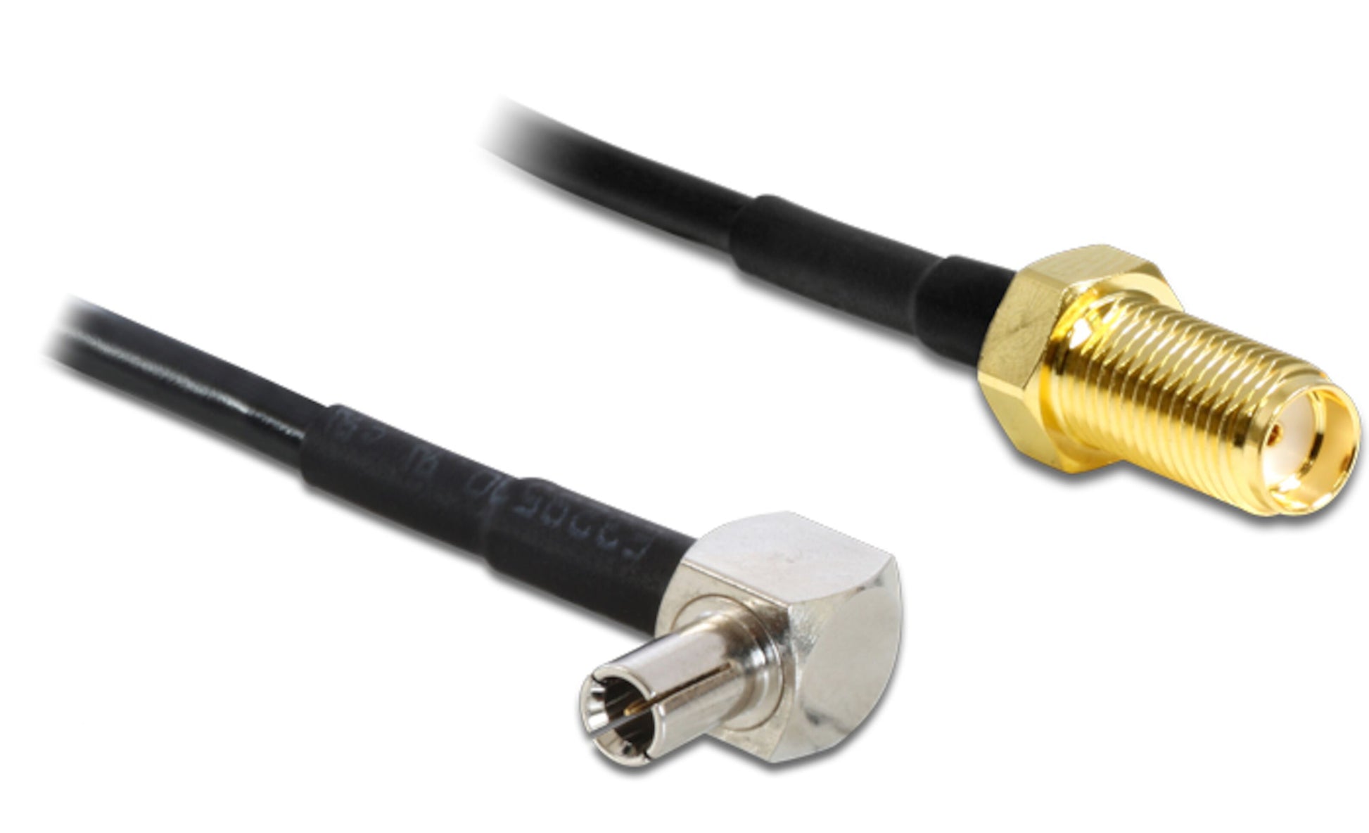 TS-9 til SMA hun koaksial adapter, vinklet TS-9 han og lige guldbelagt SMA hun, begge med sorte kabler.