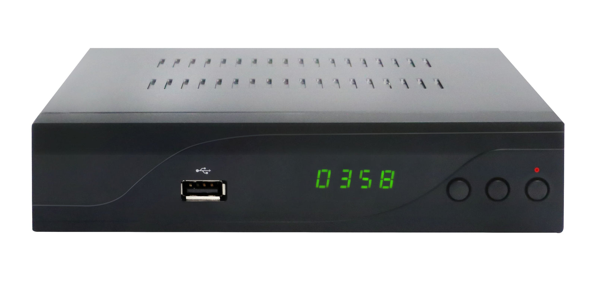 Denver DVBC-120 digital TV-modtager sort, HDTV, USB-port, tre knapper, rød indikator og grøn LED-display med 0358.