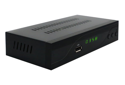 Denver DVBC-120 digital-tv-modtager sort set-top box til kabel-tv med ventilationsriller, USB-port, knapper og grøn skærm 0358.